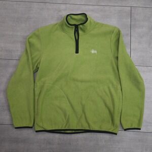 Stussy Mens Lime Green Quarter Zip Polar Fleece Pullover Logo Sweatshirt Large